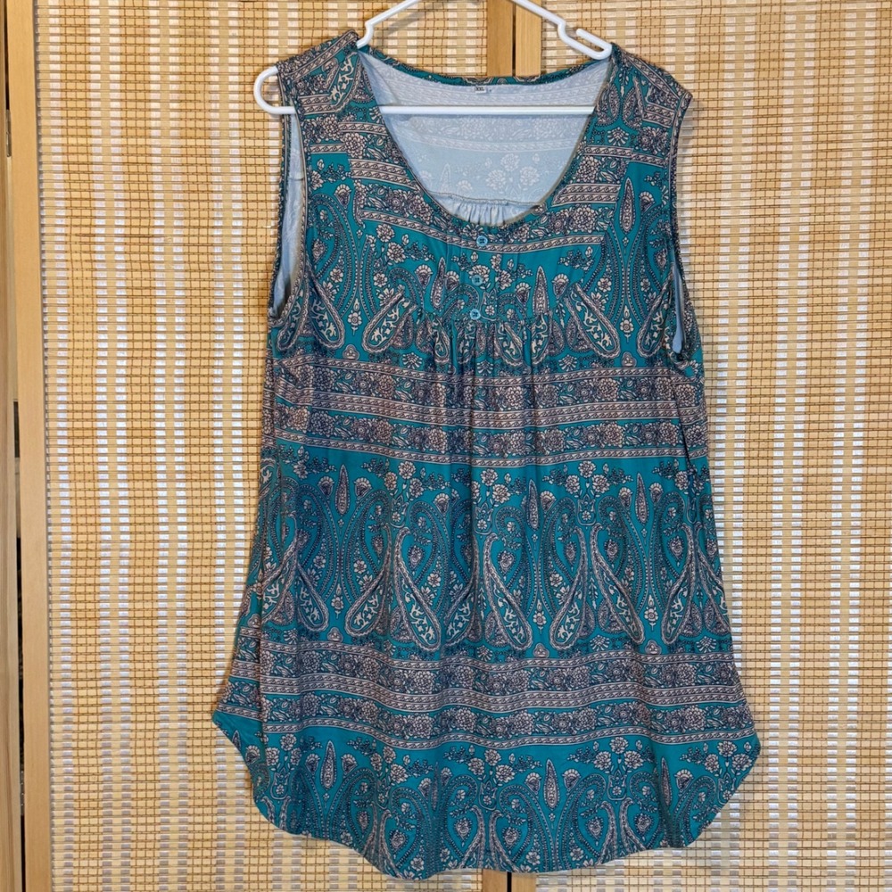 Teal Paisley Sleeveless Tunic Top Henley Button Front XXL Boho Floral Tank